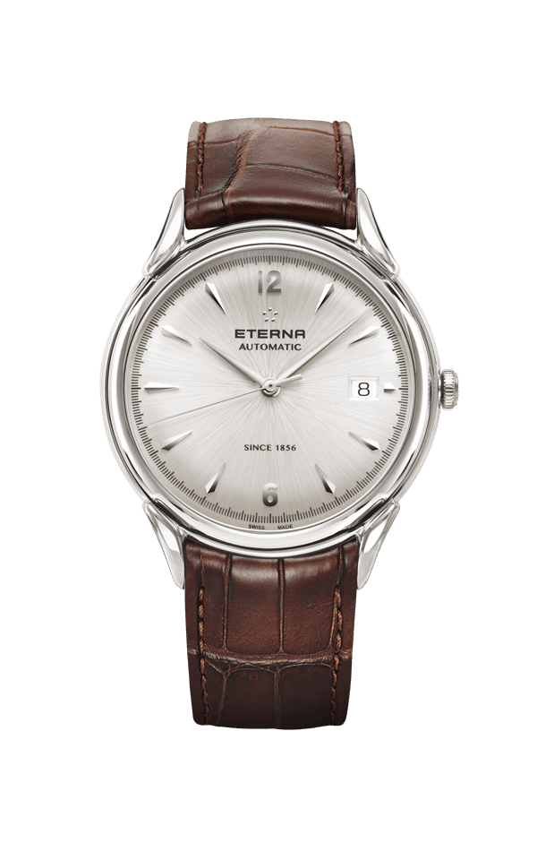 Stainless steel Eterna automatic watch with a brown leather strap. Looking for Eterna watch repairs near you?