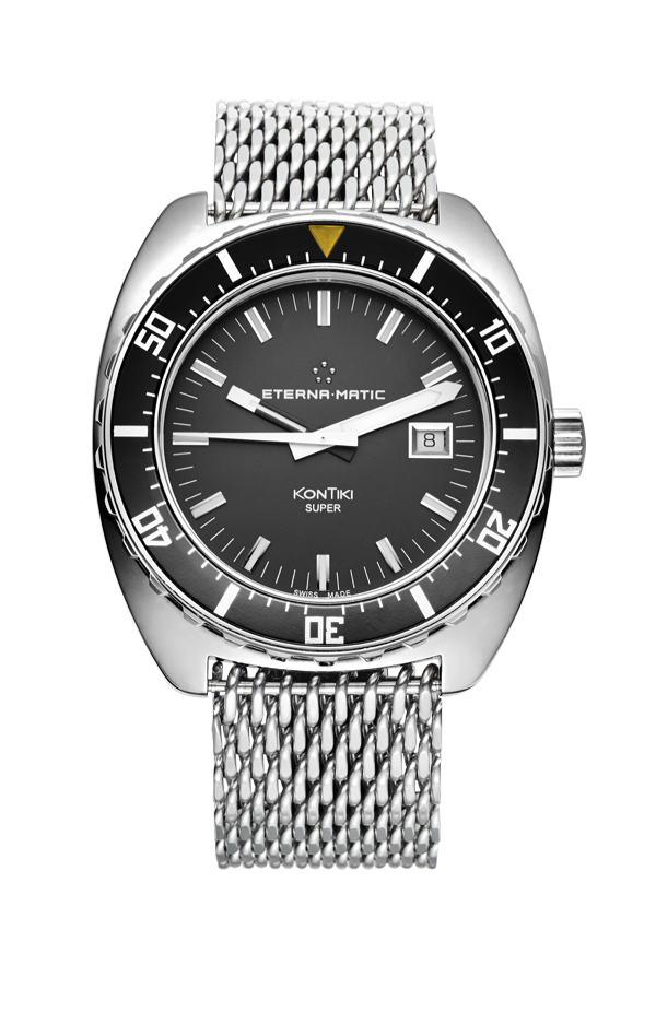 Eterna Matic watch, model is Kontiki, for repairs. This watch features a silver bracelet, black dial and silver case. Contact us today for reliable Eterna watch repairs