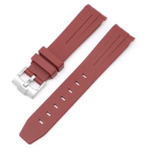 A dark red prem diver strap with a silver buckle to fit RX 812/20.