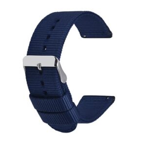 A NAVY NYLON QR STRAP 850/18 with a silver buckle.
