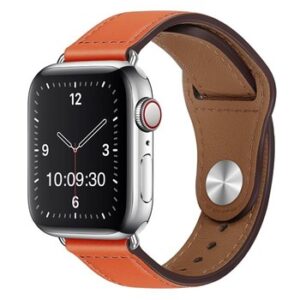 An apple watch with an ORANGE PU TO FIT SMART WATCH APL100738 band.