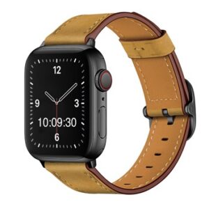 An YELLOW TO FIT SMART WATCH APL10438 with a brown leather band.