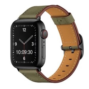 A GREEN TO FIT SMART WATCH APL10538 with a brown leather band.