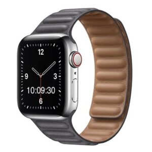 A GREY TO FIT SMART WATCH APL110238 with a brown leather band.