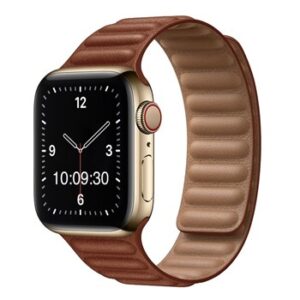 An APPLE WATCH with a BROWN TO FIT SMART WATCH APL110838 leather band.
