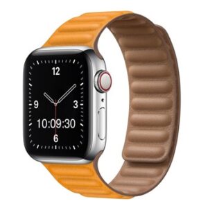 A YELLOW TO FIT SMART WATCH APL110938 with an orange leather band.