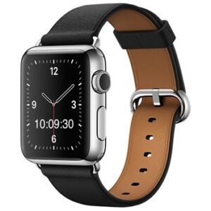 An BLACK TO FIT SMART WATCH APL120138 with a black leather band.