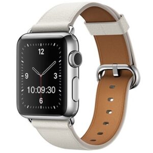 A WHITE TO FIT SMART WATCH APL120238 with a white leather band.