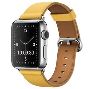 An YELLOW TO FIT SMART WATCH APL120338 watch with a yellow leather band.