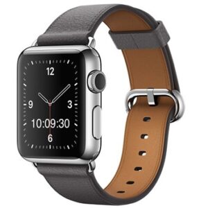 A GREY TO FIT SMART WATCH APL120538 with a brown leather band.