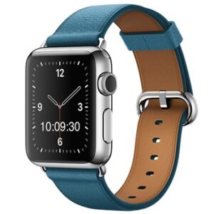 An BLUE TO FIT SMART WATCH APL120638 with a blue leather band.