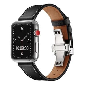 A BLACK TO FIT SMART WATCH APL60238 with a black leather band.
