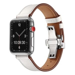 A WHITE TO FIT SMART WATCH APL60538 with a white leather band.
