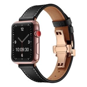 A BLACK TO FIT SMART WATCH APL70238 with a rose gold leather band.