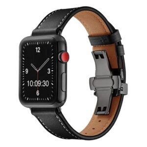A BLACK TO FIT SMART WATCH APL80238 with a black leather band.