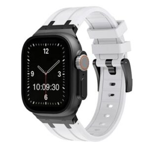 An apple watch with a WHITE SMART STRAP BLK BUCK APS300238 strap.