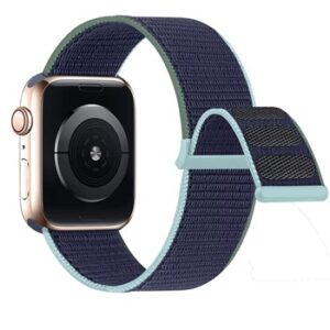 A navy/blue material smart watch band with a blue buckle.
