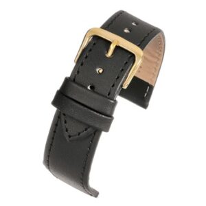 A BLACK ECONOMY EXTRA LONG - EX100S/12 leather watch strap with a gold buckle.