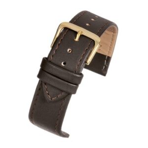 A brown leather watch strap with a gold buckle.