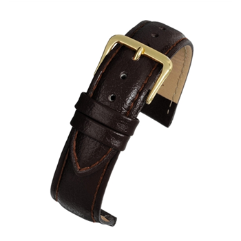 A DARK BROWN PADDED BUFFALO GRAIN (G) - R509/12 leather watch strap with a gold buckle.