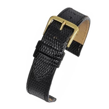 A black lizard grain (G) watch strap with a gold buckle.