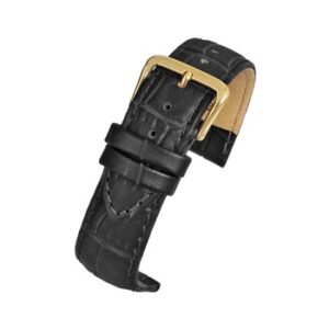 A black padded crocodile grain (G) watch strap with a gold buckle.