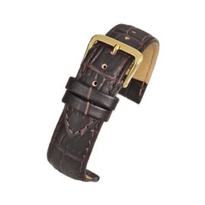 A BROWN PADDED CROCODILE GRAIN (G) watch strap with a gold buckle.