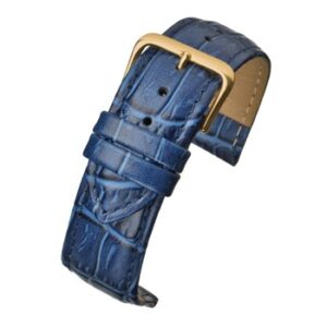 A BLUE PADDED CROCODILE GRAIN (G) R630S/12 watch strap with a gold buckle.