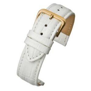 A white padded crocodile grain watch strap with a gold buckle.