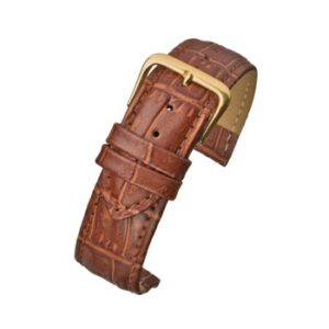 A tan padded crocodile grain (G) R650S/12 watch strap with a gold buckle.