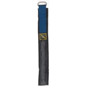 A ladies dark blue hook loop 14mm watch strap with a yellow buckle.