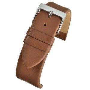 A tan calf watch strap with a silver buckle.