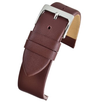 A burgundy calf watch strap with a silver buckle.