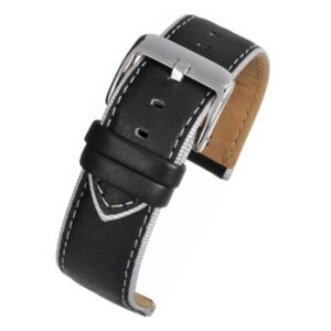 A BLACK/GREY TRIM STRAP (S) - W180/18 leather watch strap with a silver buckle.