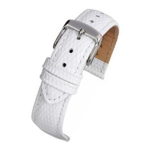 A white lizard grain strap with a silver buckle.