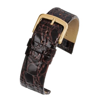 A BROWN CROCODILE GRAIN STRAP (G) - W501/8 with a gold buckle.