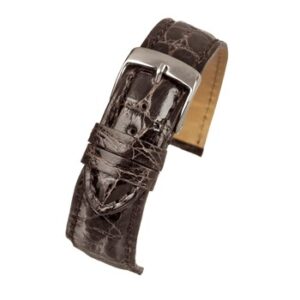 A dark brown Italian genuine crocodile skin watch strap with a silver buckle.