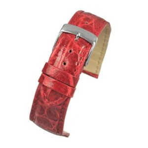 A BRIGHT RED ITALIAN GENUINE CROCODILE (S) - W677/18 watch strap with a silver buckle.