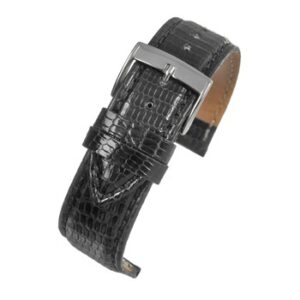 A black Italian genuine lizard watch strap with a silver buckle.