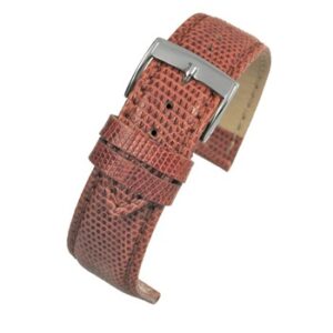 A tan Italian genuine lizard watch strap with a silver buckle.