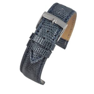 A DARK BLUE ITALIAN GENUINE LIZARD (S) - W683/14 watch strap with a silver buckle.