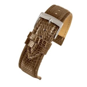 A dark brown Italian genuine lizard watch strap with a silver buckle.