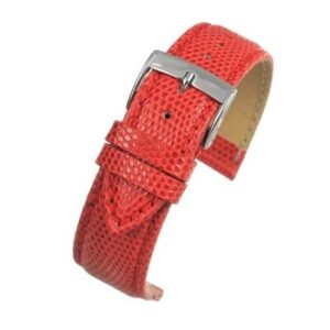 A BRIGHT RED ITALIAN GENUINE LIZARD (S) - W687/14 watch strap with a silver buckle.