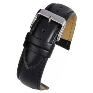 A black padded calf watch strap with a silver buckle.
