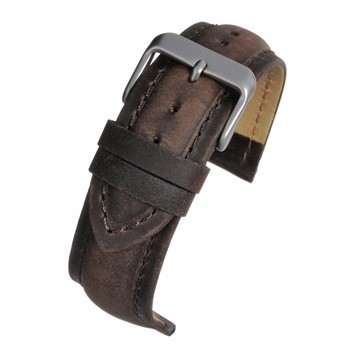 A brown suede padded watch strap with a buckle.