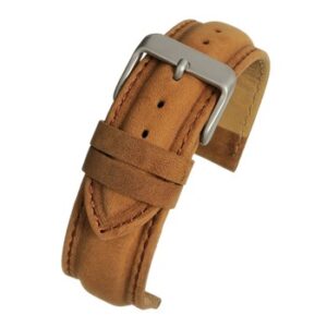 A LIGHT BROWN SUEDE PADDED (S) watch strap with a silver buckle.