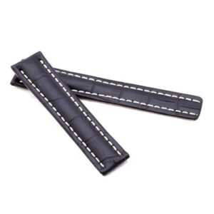 A pair of BLACK ALLIGATOR STYLE DEPLOYMENT STRAP FOR BREITLING® WB1-20/18 with white stitching.