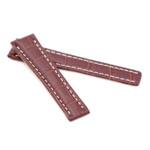 A pair of BROWN ALLIGATOR STYLE DEPLOYMENT STRAP FOR BREITLING® WB2-20/18 watch straps with white stitching.