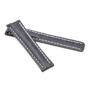 A pair of DK BLUE ALLIGATOR STYLE DEPLOYMENT STRAP FOR BREITLING® WB4-20/18 with blue stitching.