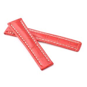 A pair of RED ALLIGATOR STYLE DEPLOYMENT STRAP FOR BREITLING® WB7-20/18 watch straps with white stitching.